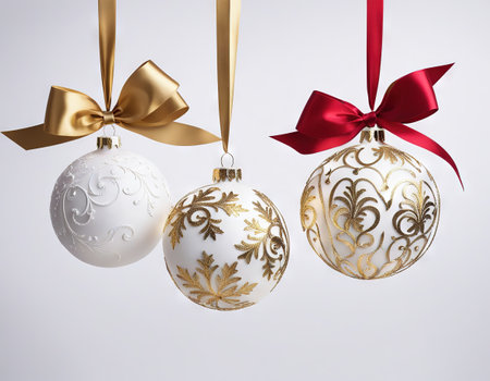 Christmas balls hanging with ribbons on whiteの素材
