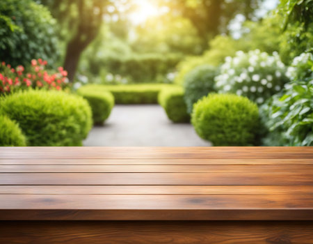 Empty wooden table top with blurred green gardenの素材