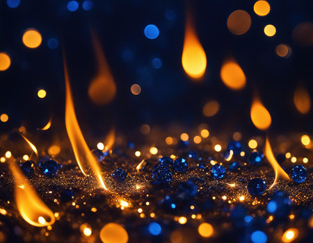 Fire sparkles in dark blue bokeh backgroundの素材