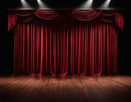 Red Theater Stage Drapes With Wooden Floorの素材