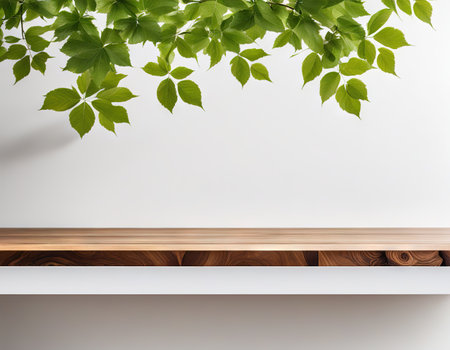 Wood table top on white wall with tree leafの素材