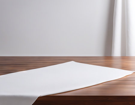 Wood table with white cotton fabric backgroundの素材