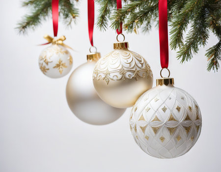 Christmas balls hanging with ribbons on whiteの素材