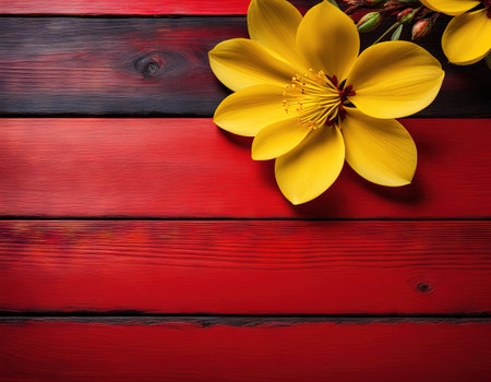 Yellow and black blossom on red backgroundの素材