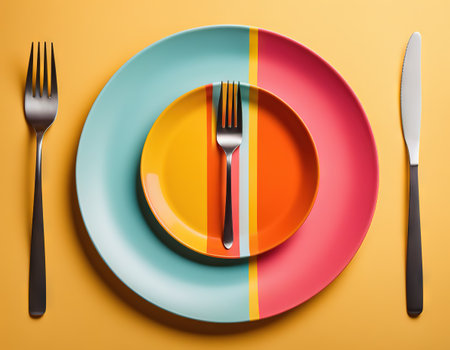plate and fork on color backdrop top viewの素材