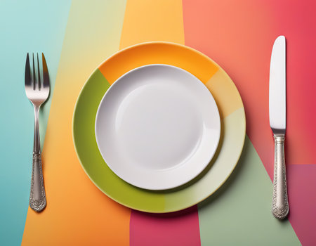 plate and fork on color backdrop top viewの素材