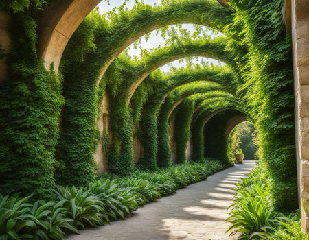 Avenue under arches with green plantsの素材