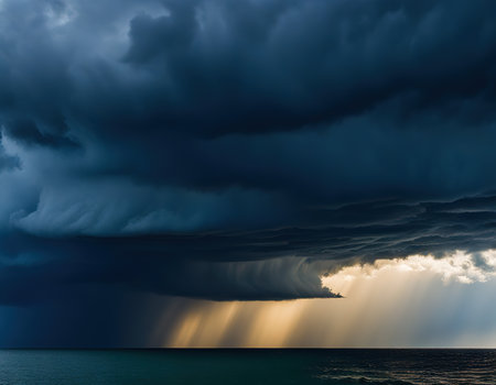 Dramatic stormy dark cloudy sky over seaの素材