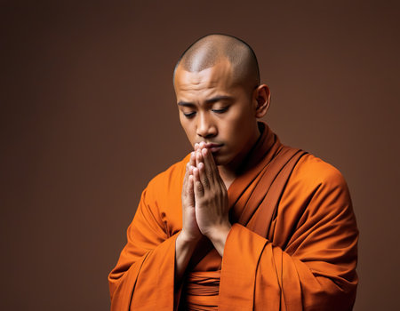 Monk isolated on brown backdropの素材