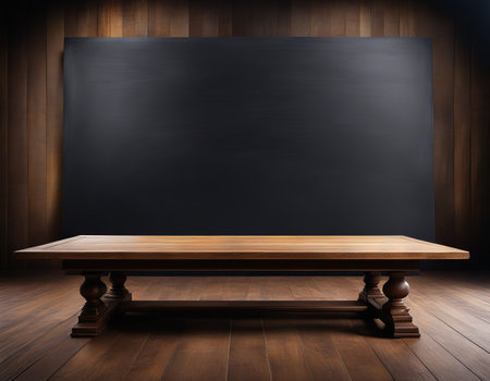 Wood table with blackboard backgroundの素材