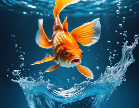 Gold fish jumping over slash blue waterの素材