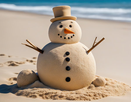 Snowman Made of Sand on the Beachの素材