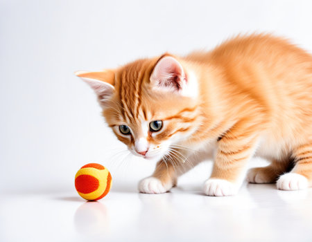 Cute orange kitten playing with a toy onの素材