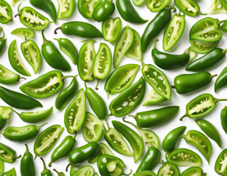 Green pepper slices on a white backgroundの素材