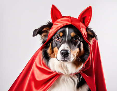 dog pet costume hero red mask and cape carnival or halloween Isolated on whiteの素材