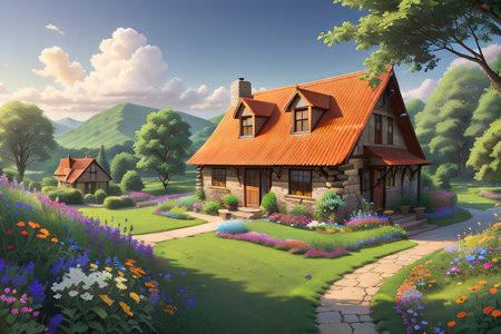 A cozy stone village house on a grass Rural beautiful landscape with flowers and Evening sky with Relaxing Digital paintingの素材