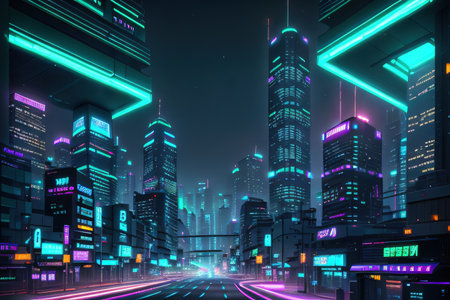 Night city with neon signs cyberpunkの素材