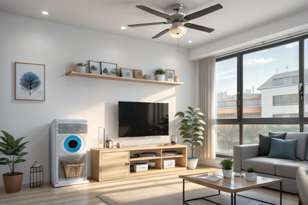 generic air purifier or AC conditioner split unit temperature control with smart iot home app chiller system controller unit as copy space wideの素材