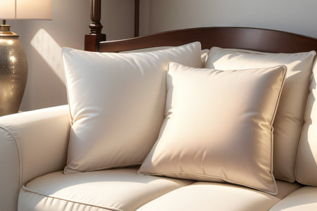 White decorative pillow mock up on the couchの素材