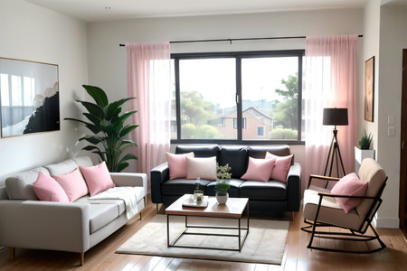 In the interior of a living room with chairs seated at a table beneath a metal there is a painting on a white wall above the sofa withの素材