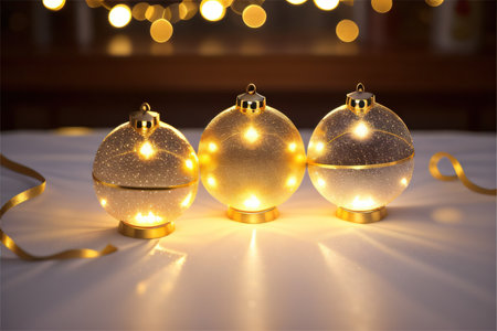 Happy Christmas light decorations in new year night winter Ornaments elements gold confetti bokeh color Xmas ornaments Glass ball tree Christmas glowing Goldenの素材
