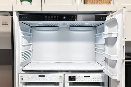 Empty Refrigerator for Weight Loss Diet Clean and Fresh Open White Fridge with Empty Shelvesの素材