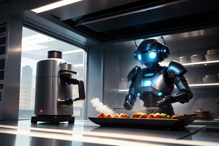 A robot in the role of a cook cooks food in the The near robots instead of Aiの素材