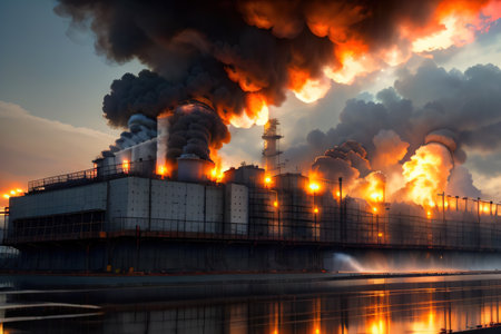Major fire at an industrial oil Powerful explosion with black smokeの素材