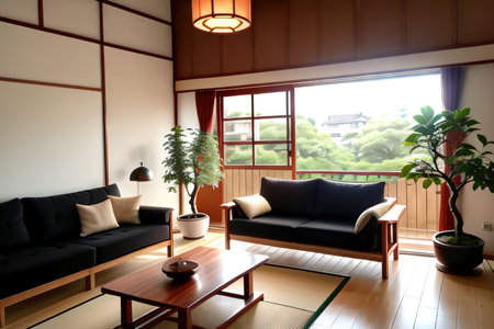 Cozy japandi interior design with a bonsai treeの素材