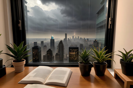 View from a desk out a window into a rainy cityの素材