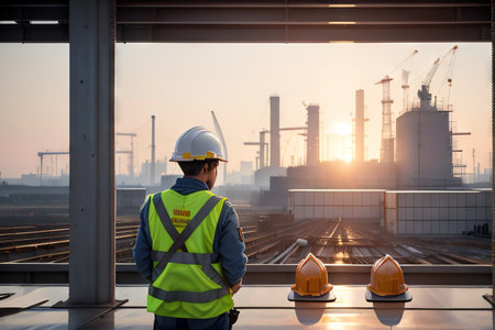 Construction hard hat on stack of steel beams symbolizing strength and industryの素材