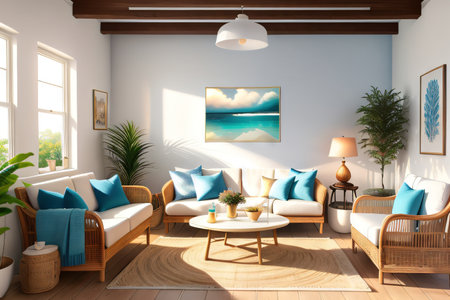 Bedroom home interior design Coastal Boho style with Wall Mural decorated with Rattan and Wicker materialの素材