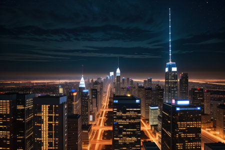 A in a skyscraper enjoys the views of the city lights at from theの素材