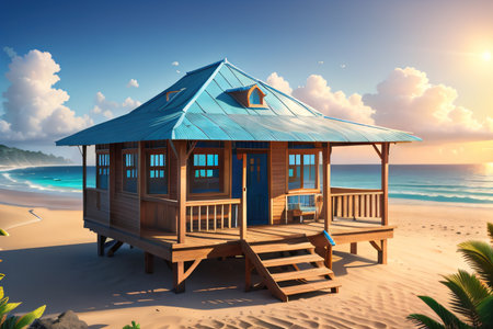 Surreal tiny A beach house on a foggyの素材