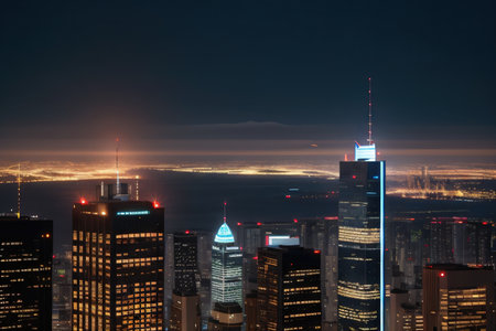 A in a skyscraper enjoys the views of the city lights at from theの素材