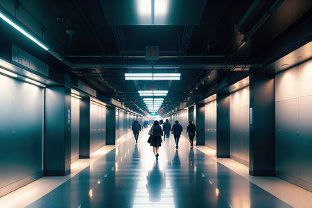 Blurred business walk fast movement with meeting room in modern building in darkの素材