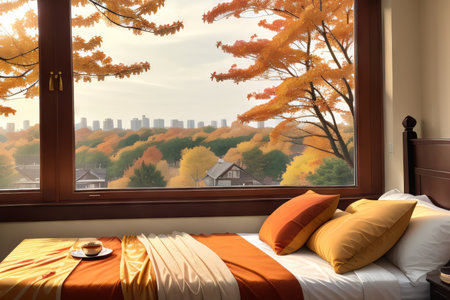 autumn view with golden leaves through the window of a bedroomの素材