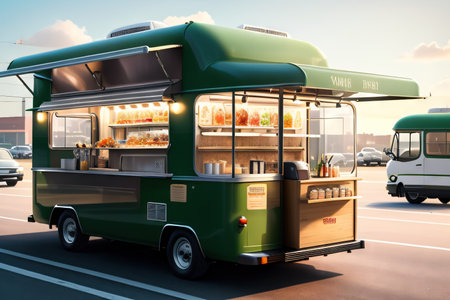 Food truck isolated on green takeaway food and drinks van mock AIの素材