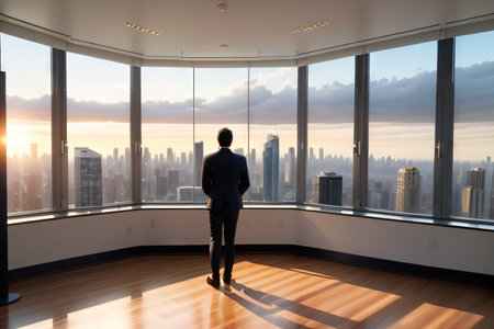 Back of standing and looking out the large windows to looking out of a window at skyscrapers at Success AIの素材
