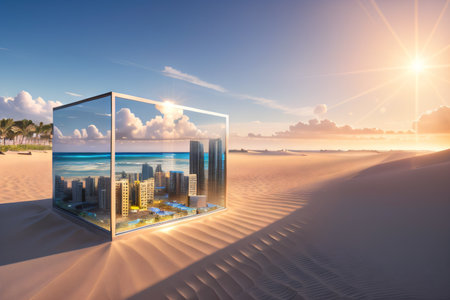 Surreal landscape with a metal cube in the desertの素材