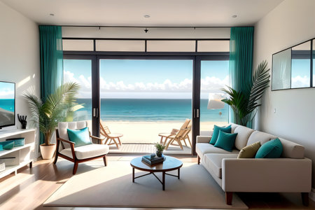 Luxurious Modern Beach house interior Living room with ocean views large windows natural daylight Summer Spring Vibes minimal staged furniture made withの素材