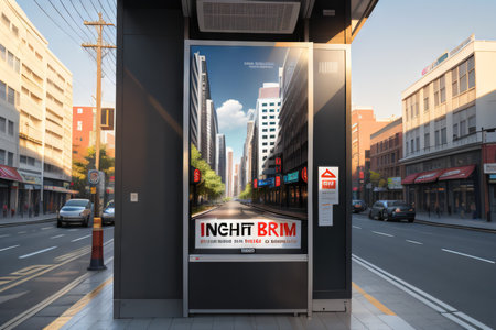 Blank white vertical digital billboard poster on city street bus stop sign at blurred urban background with forの素材