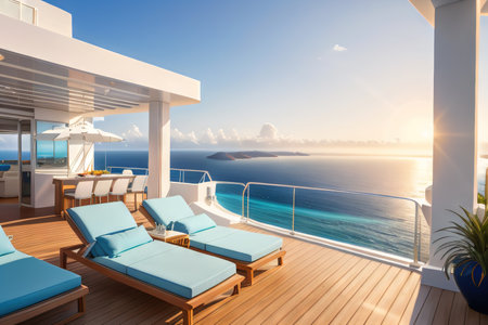 Abstract architecture render of modern architecture with blue render of white architecture in Santoriniの素材