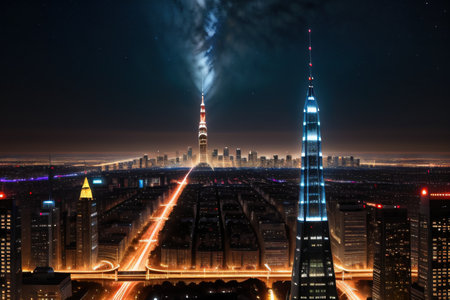City skyline illuminated by glowing communication linesの素材