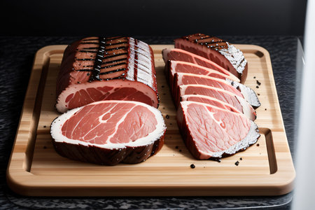 Raw beef steaks on a cutting board with spices on a black stoneの素材