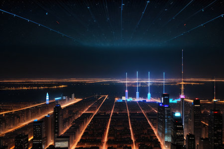 Night skyline with interconnected blue wires and antennas representing a smart city and big symbolizingの素材