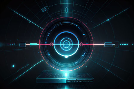 Hologram of an abstract luminous home on a black and smart houseの素材