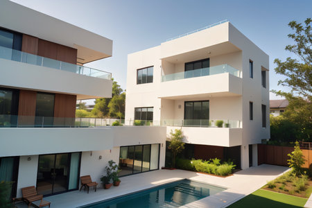 Sketch of a sustainable residential complex with green vertical and rainwater harvestingの素材