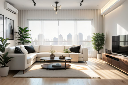 Stylish living room interior with couch and panoramic wallの素材