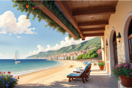 Watercolor painting of Italian seaside village house landscape painting with and sunnyの素材